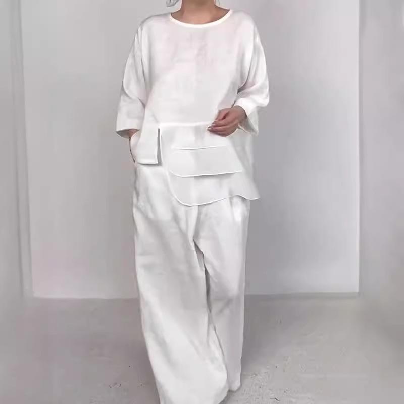 Round Neck Satin Layered Design Top and Wide Leg Pants Set