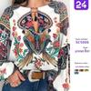 2025 Spring/Summer Women's Digital Print Lantern Sleeve Shirt - Round Neck Style
