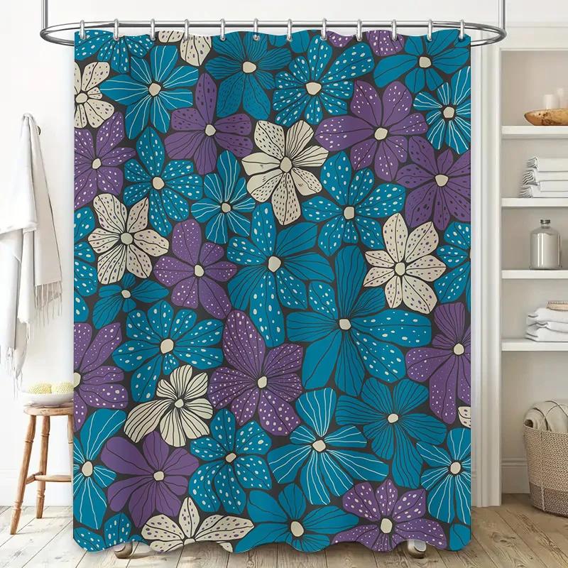 Floral Shower Curtain Blue Purple Design for Bathroom Decor Waterproof Fabric Splash Backdrops Decoration with Rod Pocket Rings