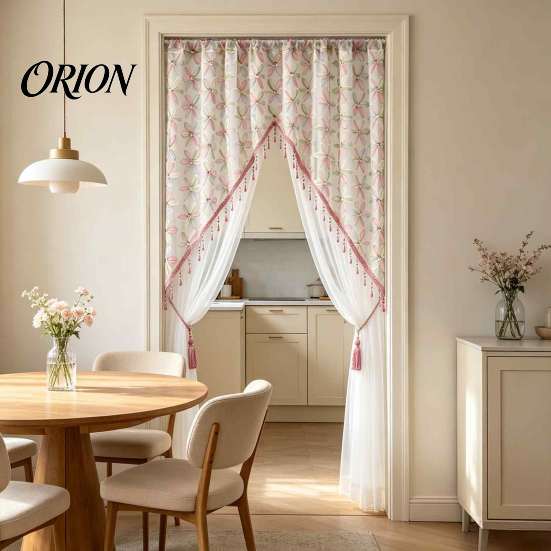 Romantic Home Decor for Living Room Sheer Floral Door Curtain with Beads, Lace Embroidered Gauze Double Layer Divider, Rod Pocket Doorway Bedroom