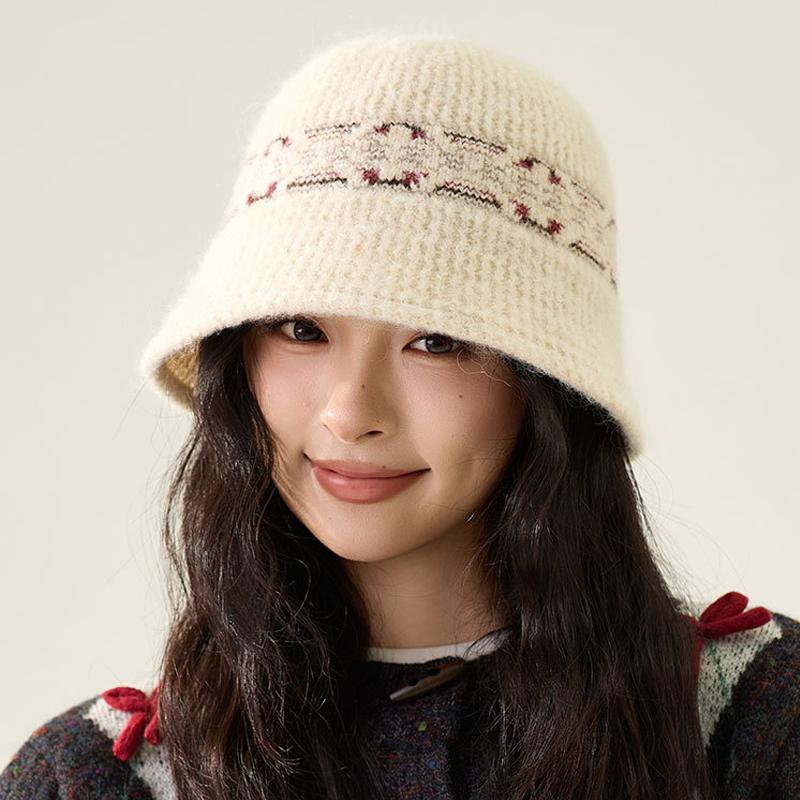 Vintage Color Jacquard Knitted Bucket Hat Women's Fisherman Hat