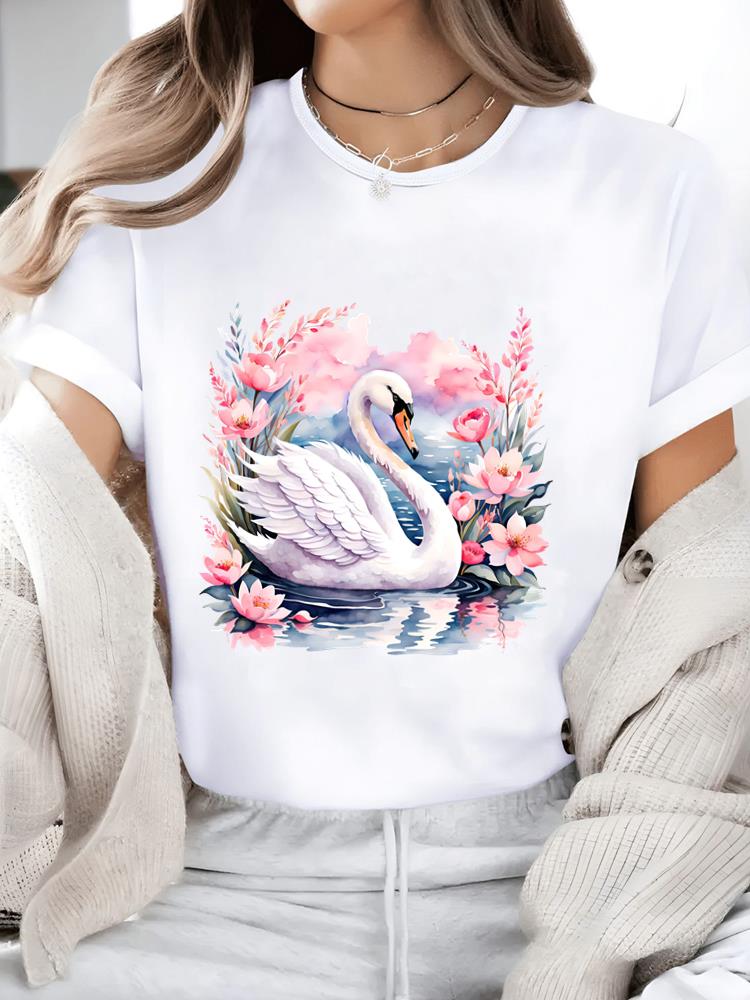 (Азиатский размер) Повседневный женский топ Футболки Мода Круглый вырез Женская одежда Сладкий стиль Милый принт Короткий рукав Графическая футболка