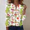 Women's Fashion Casual V-Neck Long Sleeve Decorative Button Christmas Print Top