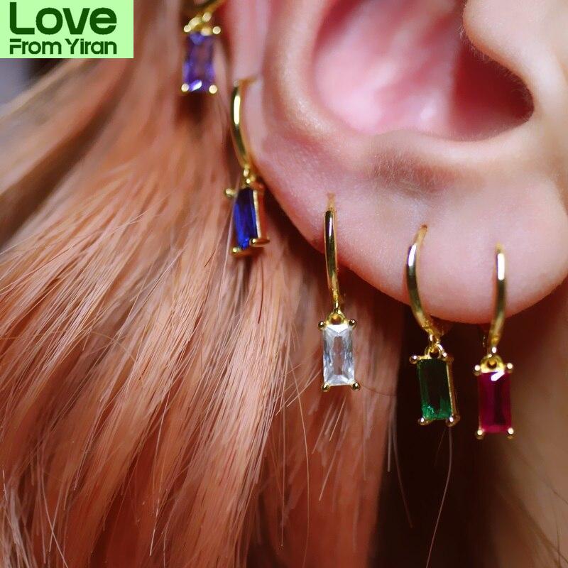 Серьги-кольца квадратные геометрические с разноцветным цирконием из стерлингового серебра 925 пробы, женские темпераментные застежки S -E1533