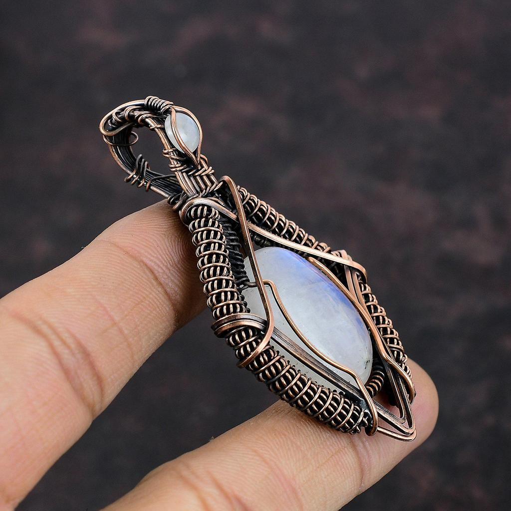 Радужный кулон с лунным камнем, медная проволока, кулон с драгоценным камнем, дизайнерский кулон, ювелирные изделия из лунного камня, кулон ручной работы, медные украшения для подарка