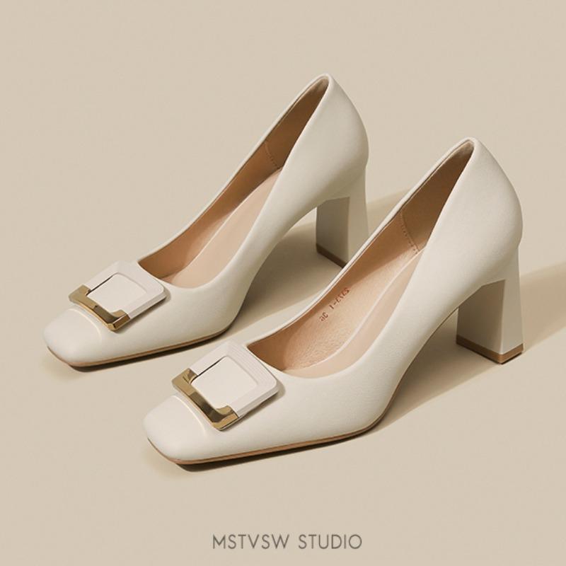 Fashion New Spring Pu Pumps Women Fashion Metal Decoration Female Slip On Square Toe Work Shoes Thick Heel Women's Single Shoes S01