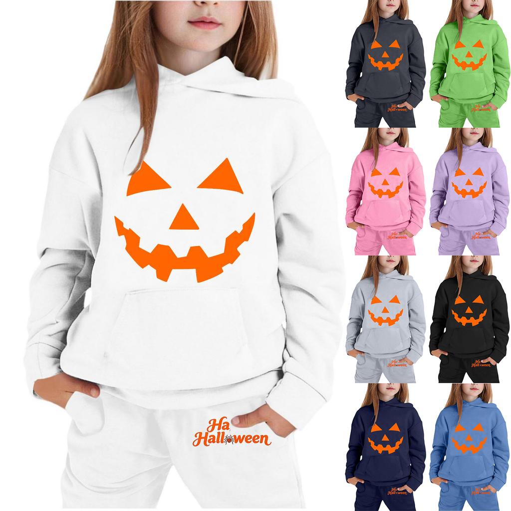 Kids Halloween Hoodie and Sweatpants Set Pumpkin Face Print Hooded Sweatshirt and Matching Bottoms Comfortable Fit for Children