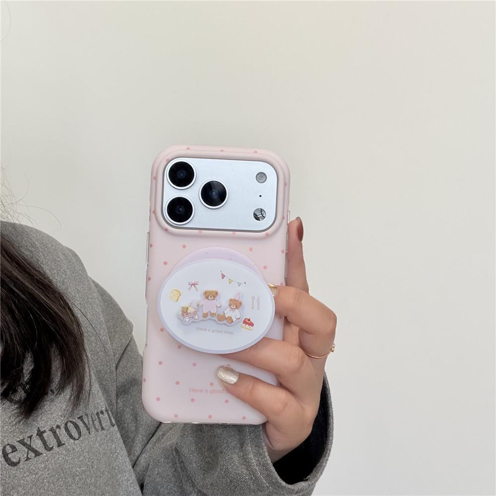 Розовый чехол для iPhone в горошек в корейском стиле: Защита от падения, 16Pro Магнитный, 15PM Медведь-подставка, 14/13 Матовый