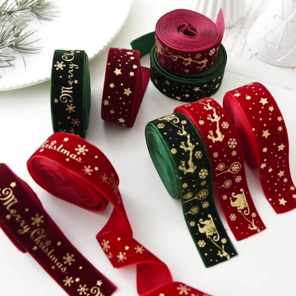 DIY Gold Stamp Velvet Ribbon Woven Wreaths Green Red Ribbon Christmas Tree Ornaments