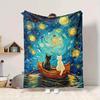 1pc Cat Night Lightweight Flannel Blanket, Comfortable and Warm Blanket, for Office and Camping Sofa Bed, Livingroom106