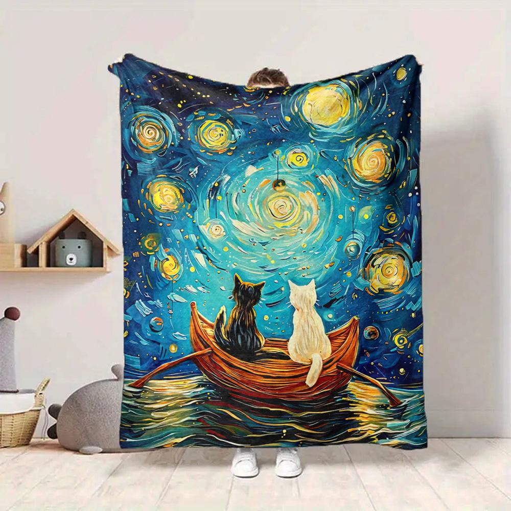 1pc Cat Night Lightweight Flannel Blanket, Comfortable and Warm Blanket, for Office and Camping Sofa Bed, Livingroom106