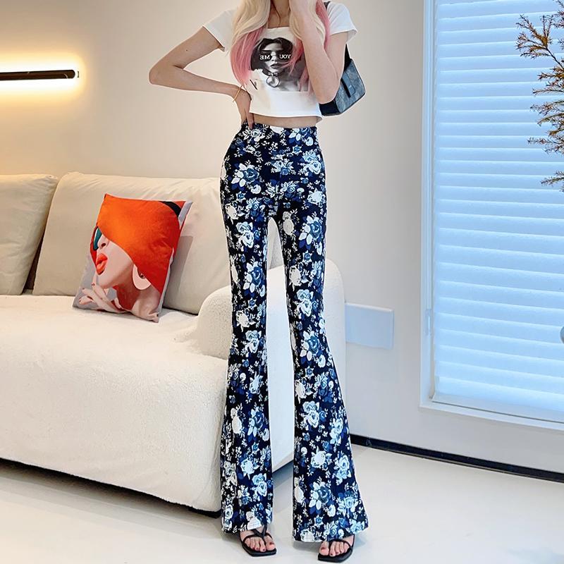 Весенние тонкие женские расклешенные брюки с высокой талией, облегающие брюки, расклешенные брюки с принтом и резинкой