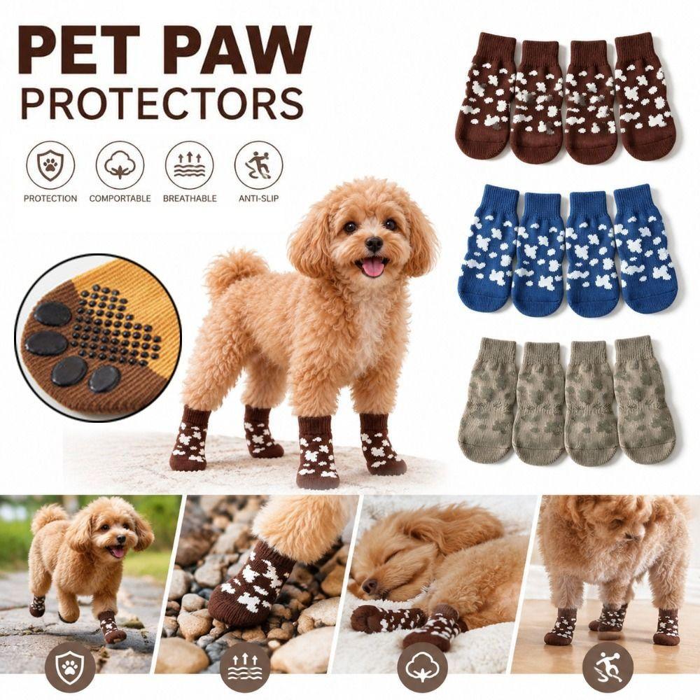 4PCS Silicone Grip Soles Pet Paw Protectors Cotton Pet Socks New Dog Socks  Indoor Use