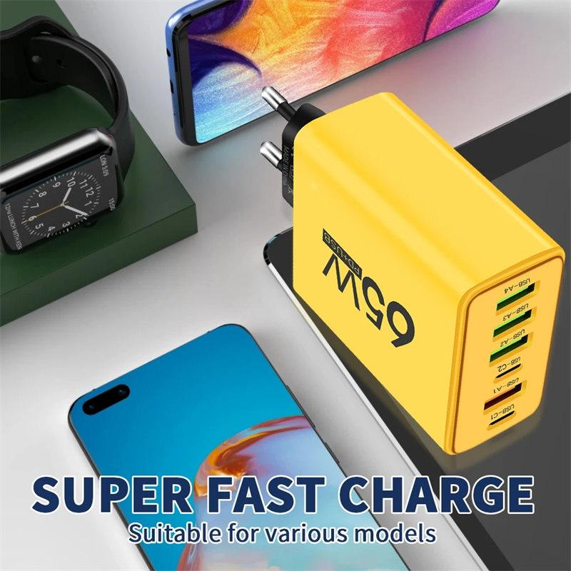 Зарядное устройство USB 65 Вт, 6 портов PD Type C, адаптер для быстрой зарядки для iPhone 13, 14, 15, Samsung, Xiaomi, Huawei, настенное быстрое зарядное устройство для мобильного телефона