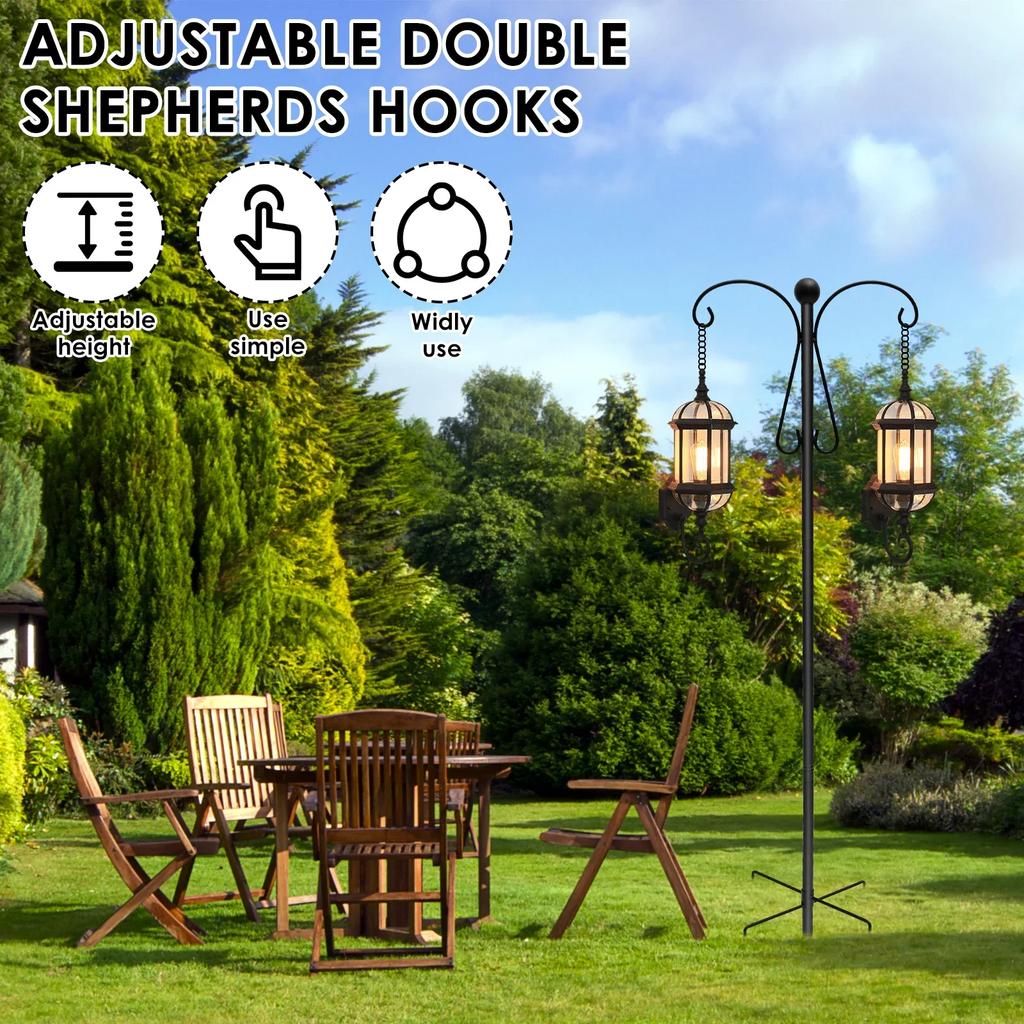 Double Shepherd Hooks 76inch Metal Bird Feeder Pole with 5 Prongs Base Adjustable Shepherd Crook Garden Hooks for Outdoor Decor