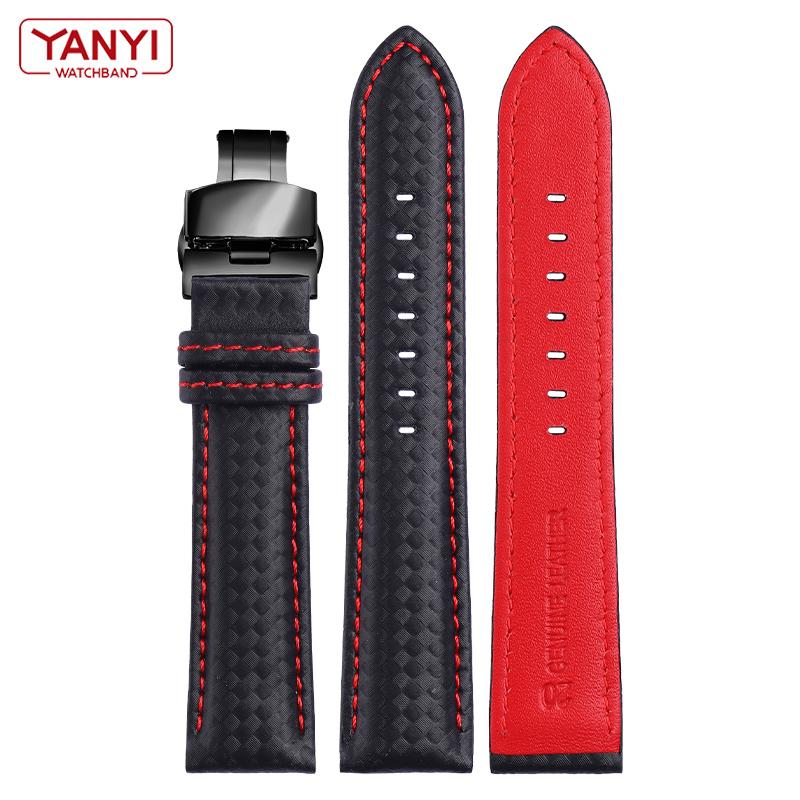 Genuine Leather Bracelet Carbon Fiber Grain Watchband Red Stitching 18mm 20mm 22mm Watch Band Strap Accessories Butterfly Buckle