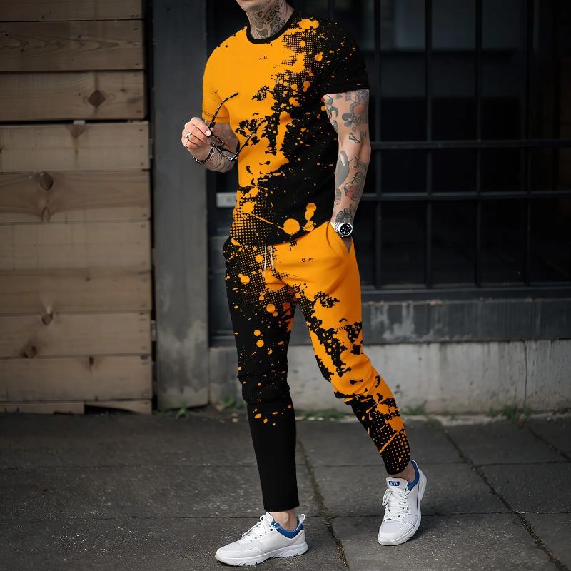 Новый летний комплект спортивной одежды, футболка с короткими рукавами, длинные брюки, комплект из 2 предметов, 3D-сращивание, повседневный и красивый дорожный комплект высокого качества