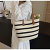 Versatile Shoulder Striped Straw Bag Women's Cotton Thread Zipper Woven Bag Large Capacity Tote Bag Seaside Vacation Beach Bag
