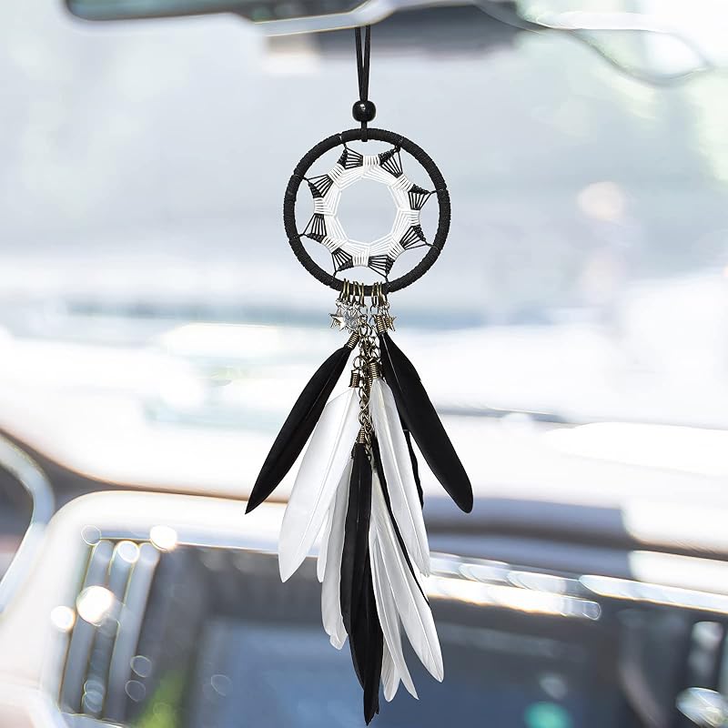 Alynsehom Dream Catcher Car Interior Rearview Mirror Hanging Decor Handmade Grids Nature Feather Small Boho Car Charms Pendant Accessories (Grey