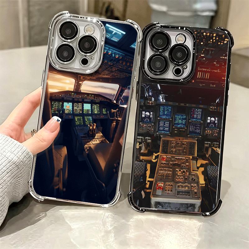 Aviation Aeroplane Pilot Cockpit Plating Phone Case For Iphone 16 17 Pro Max Air 16E 14 15 Plus 12 13 Mini Anti-Fall Airabag Cov