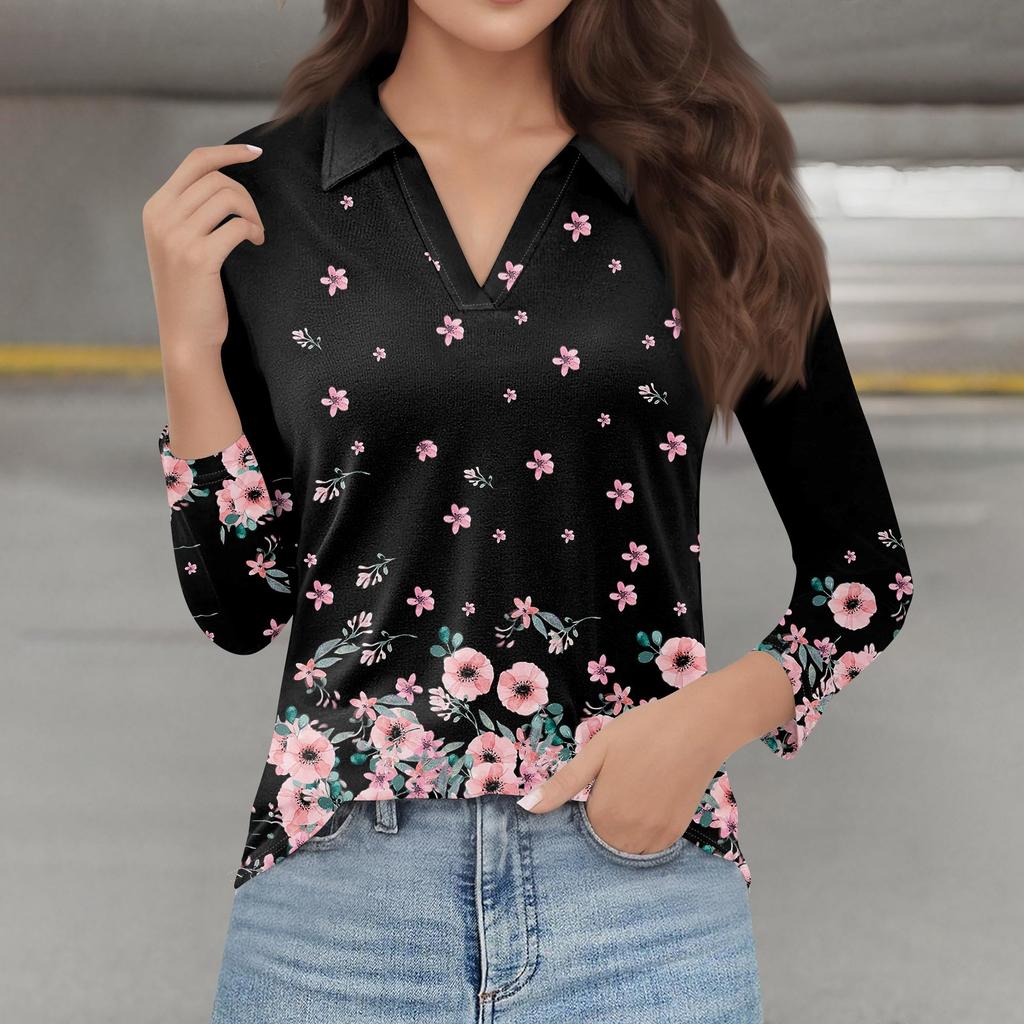 Женская мода повседневная весенняя футболка с V-образным вырезом и лацканами, длинный рукав