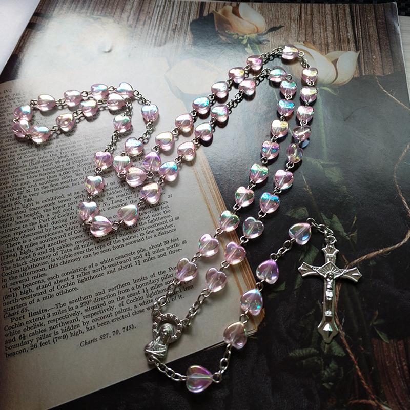 Розовое ожерелье с четками в форме сердца и любви, подвеска в виде креста Девы Марии Христа Иисуса для женщин и мужчин, католические украшения в подарок