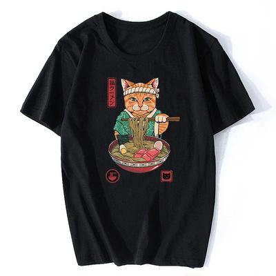 Футболка Neko Ramen Japan Cat Anime, мужская, высококачественная, эстетичная, из хлопка, классная, винтажная, в стиле Харадзюку, уличная одежда, мужские футболки