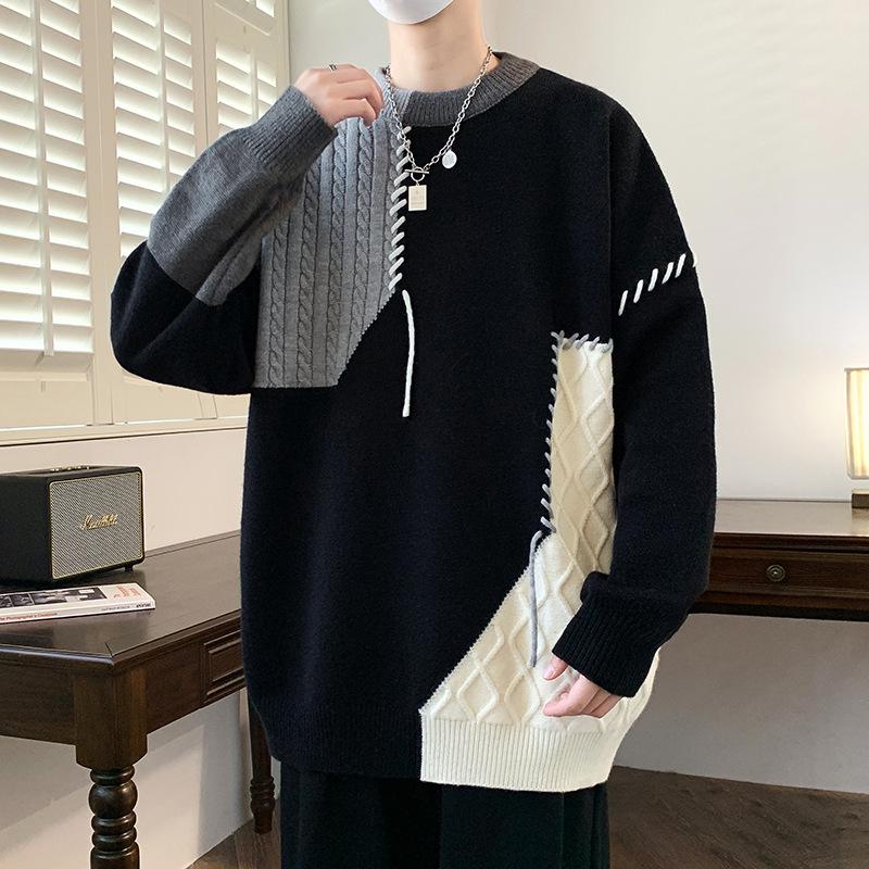 Men's Trendy Knitted Contrast Color Round Neck Sweater - Autumn/Winter Loose Fit, Lazy Style, Perfect for Couples