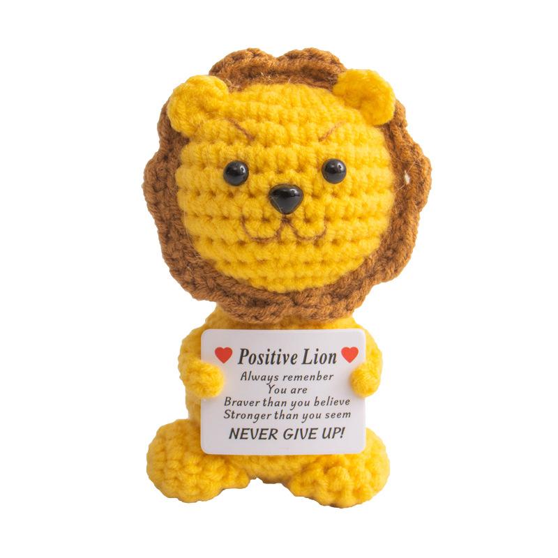 Positive Crochet Lion Doll with Card Home Room Decor Handmade Knitting Emotional Support Lion Animal Ornament Christmas Gift