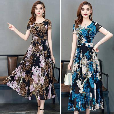 Летнее женское платье трапециевидной формы с цветочным принтом, большой подол, высокая талия, короткие рукава, круглый вырез, плиссированное платье до середины икры, официальное вечернее платье миди для поездок на работу