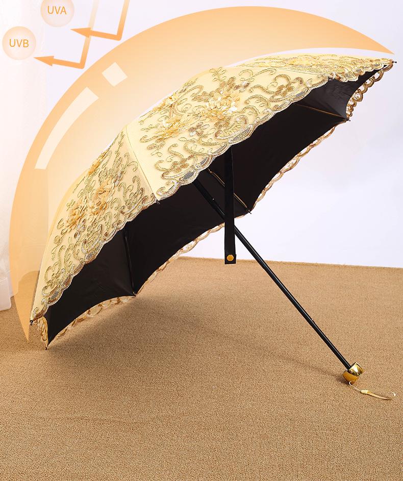 Черный зонт с вышивкой в стиле ретро и защитой от УФ-излучения - двойного назначения для женщин