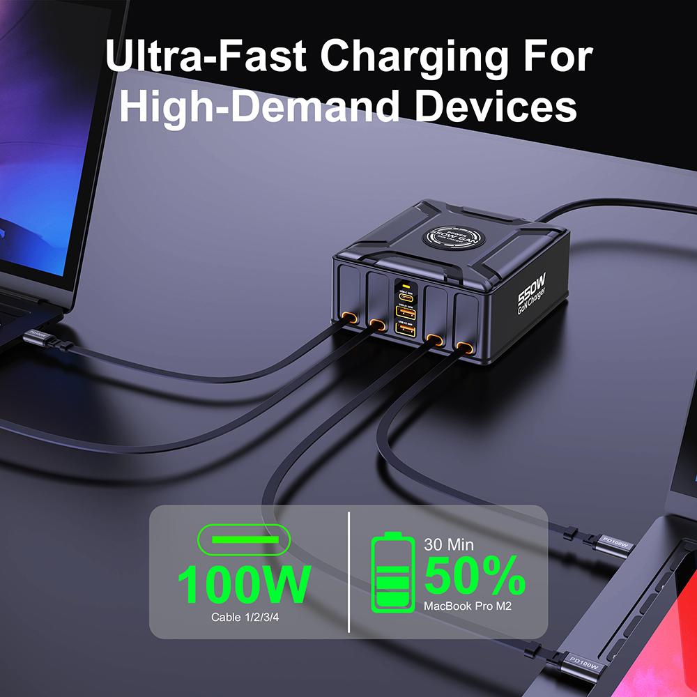 7-в-1 Зарядная станция 550 Вт с выдвижным USB C кабелем 100 Вт Быстрое зарядное устройство GaN для MacBook Pro iPhone 17 Samsung Ноутбука Планшета