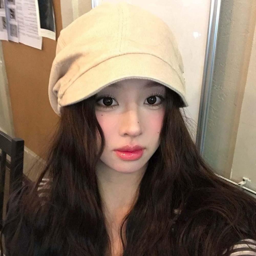 Rivet Ornament Short Brim Hat Solid Color Studded Beanie Slouchy Beret Street Styling