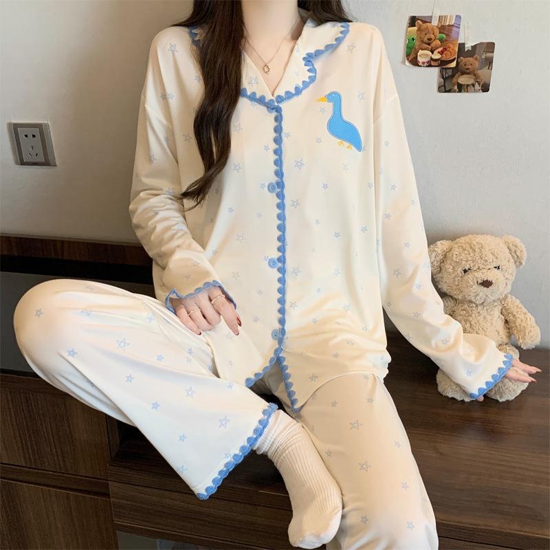 Simple puppy sweet spring ins striped shell hemming imitation cotton pajamas casual long-sleeved set