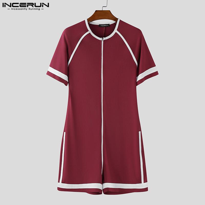 INCERUN Men Short Sleeve Stitching Fitted Jumpsuits Romper Bodysuits Pajamas Home Wear