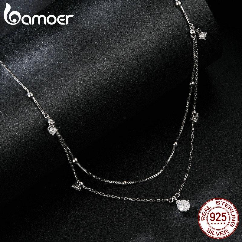 BAMOER двухслойное ожерелье с кисточками из муассанита, стерлинговое серебро 925 пробы, круглое многослойное стильное изящное колье-колье