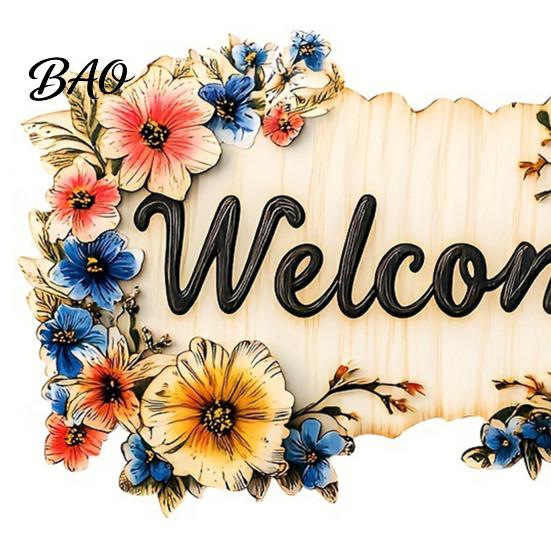 Durable Wooden Sign Floral Welcome Sign, Front Door Ornaments, Flower Hanging Long-lasting Outdoor for Summer Farmhouse Home Coffee Shop Window