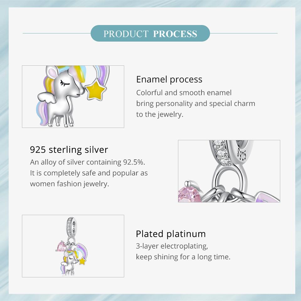 WOSTU 925 Sterling Silver Rainbow & Unicorn Bead Lovely Horse Pendant Charm for Women Original Necklace Bracelet