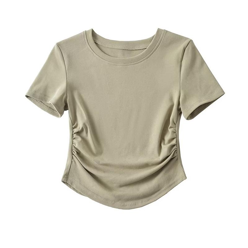 2024 Harajuku Женская хлопковая футболка с круглым вырезом, короткими рукавами и рюшами по бокам, футболки