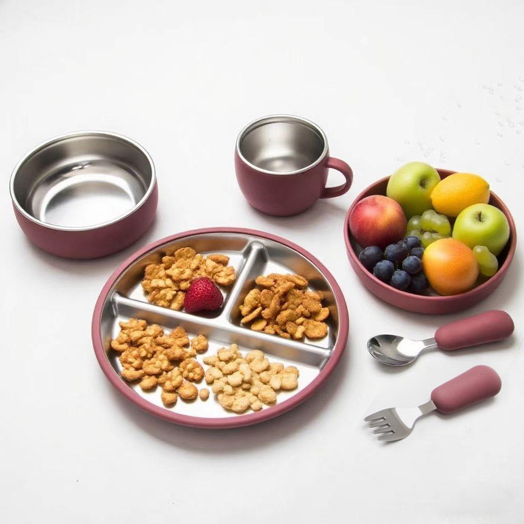 Детский обеденный набор из нержавеющей стали с противоскользящим силиконовым присосом и столовыми приборами