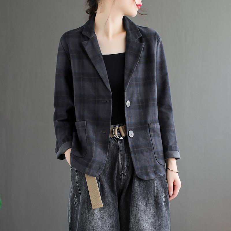 Autumn Women Jackets Coat Retro Blazers Suit Vintage Notched Collar Long Sleeve Plaid Jacket