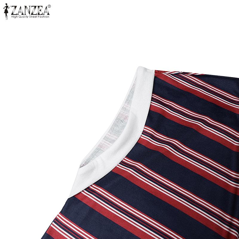 ZANZEA Женское повседневное летнее платье с круглым вырезом, коротким рукавом, в полоску, пэчворк, длинное