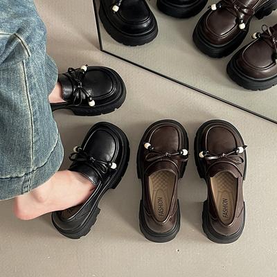 Туфли-лодочки на толстом каблуке в британском стиле с открытым мыском, женские, осень 2025, французские, ретро, универсальные, с бантом, из маленькой кожи, лоферы