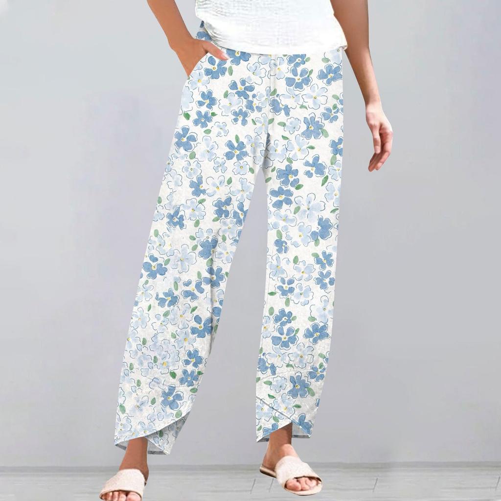 Брюки женские летние повседневные широкие брюки с эластичной резинкой на талии и карманами