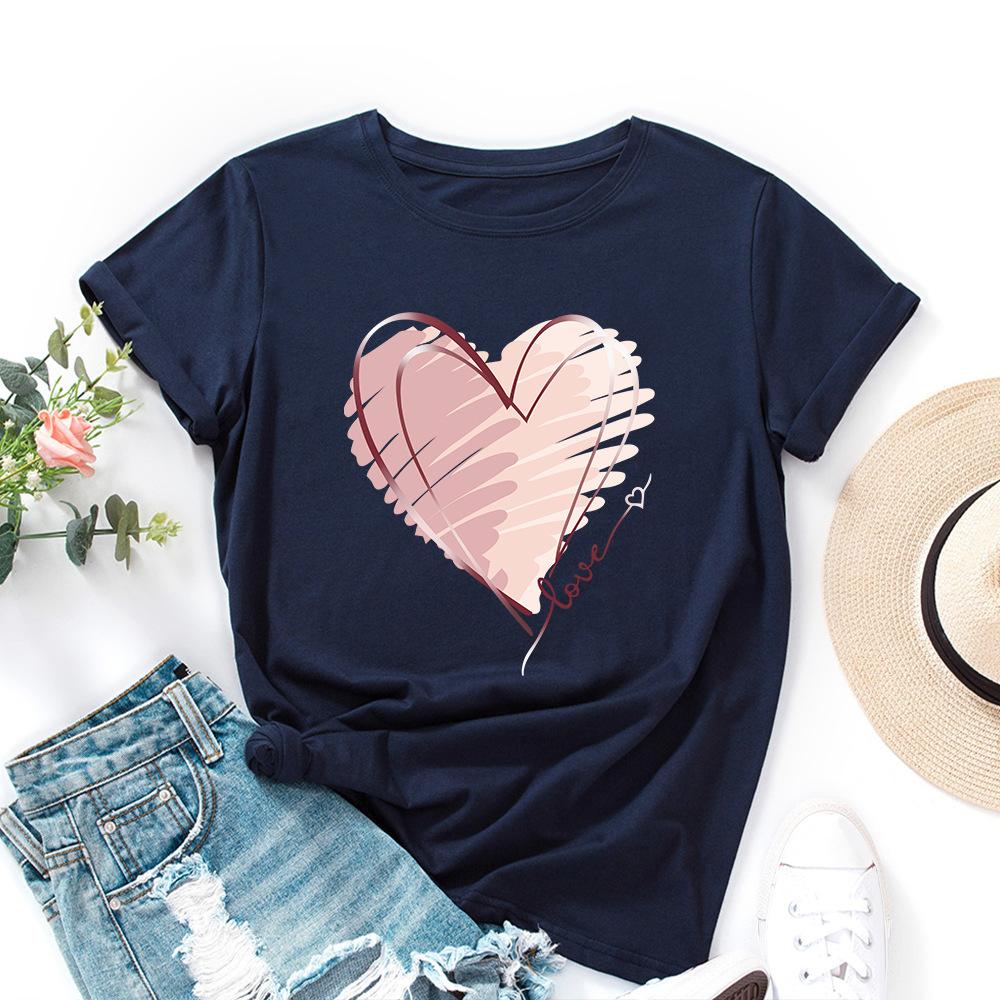 Модная хлопковая футболка с сердцем, с коротким рукавом, с круглым вырезом, женская, с 2D-принтом, топы