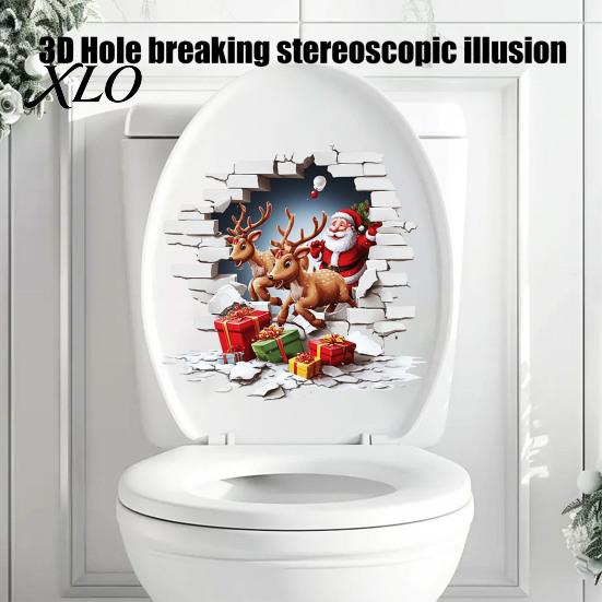 Holiday Home Decor Santa Claus Toilet Sticker, Elk And Gift Box Print, 3D Waterproof Bathroom Accessories Christmas Wall Decal, Removable PVC Sticker