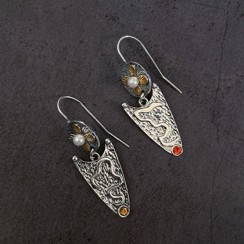 Silvery Flower Pattern Irregular Geometric Shape Dangle Earrings Bohemian Western Style Creative Female Gift