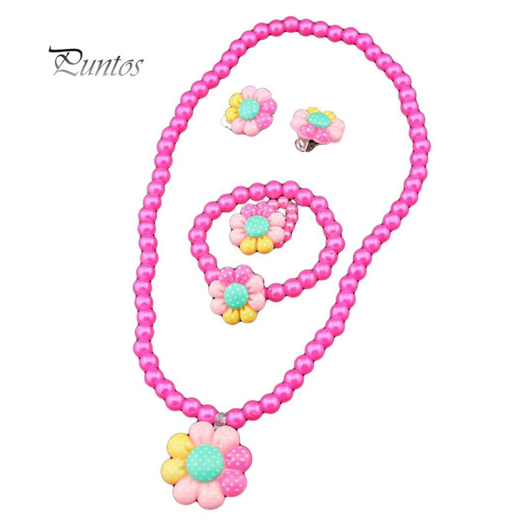 Цветок Искусственный жемчуг Дети Девушки Серьги Браслет Ожерелье Кольцо Комплект ювелирных изделий