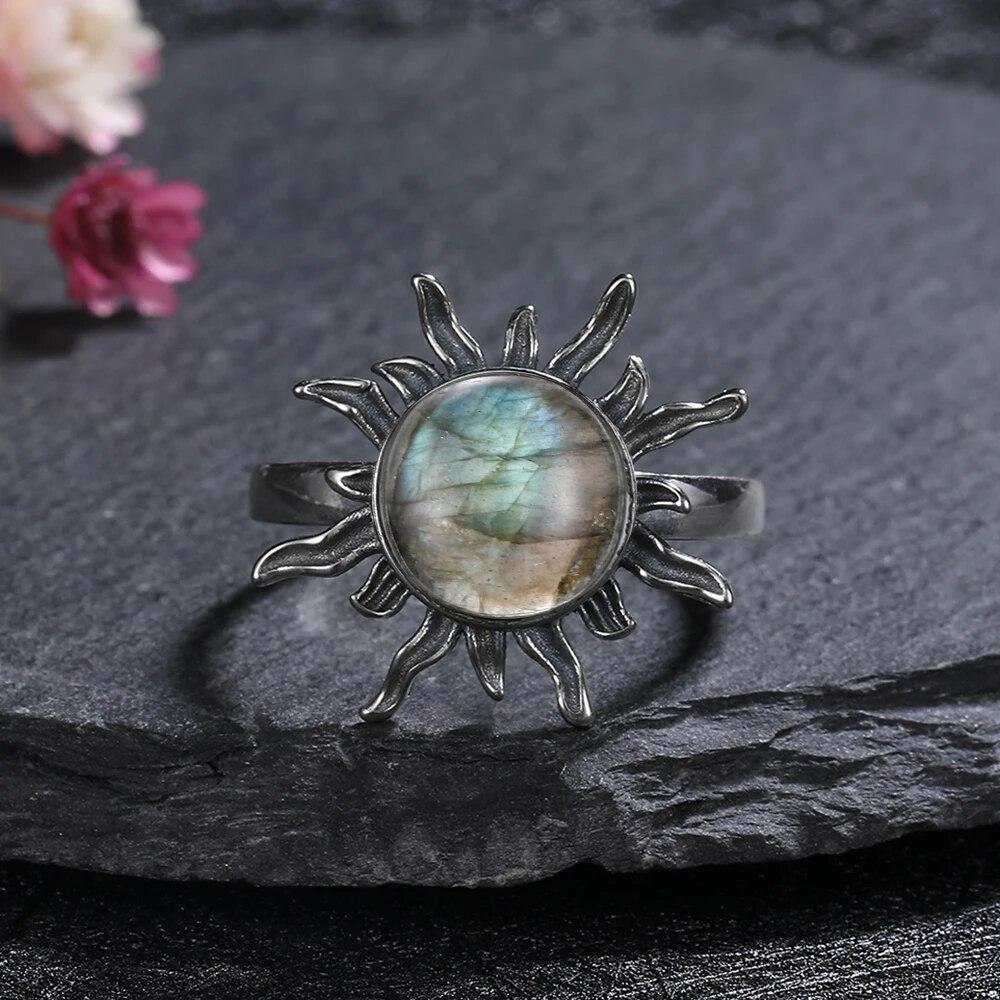 Round 10mm Labradorite Rings for Women Vintage Ring Finger Ring Retro Rings Jewelry Party Gift