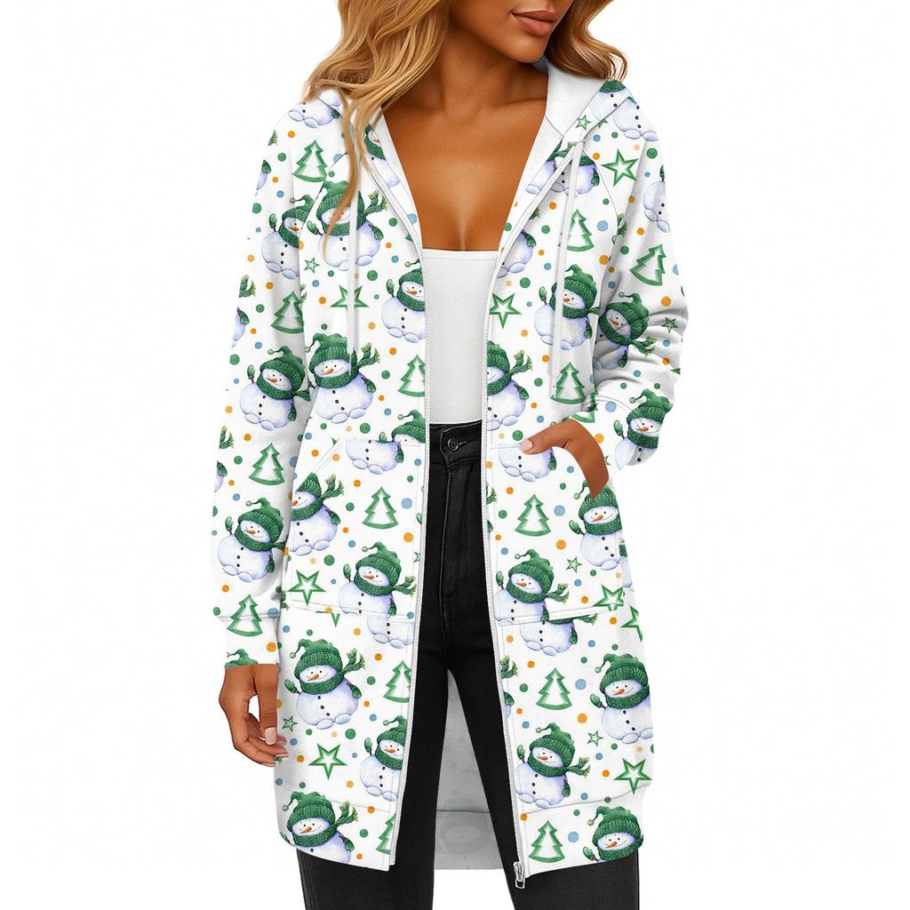 Женская модная рождественская толстовка с длинными рукавами, капюшоном на кулиске, карманом на молнии, длинная, повседневная